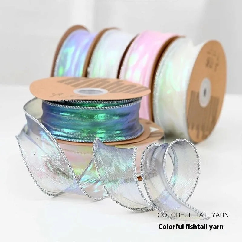 Fishtail yarn floral wave ribbon roll in 4cm width with mesh material and edge cutting