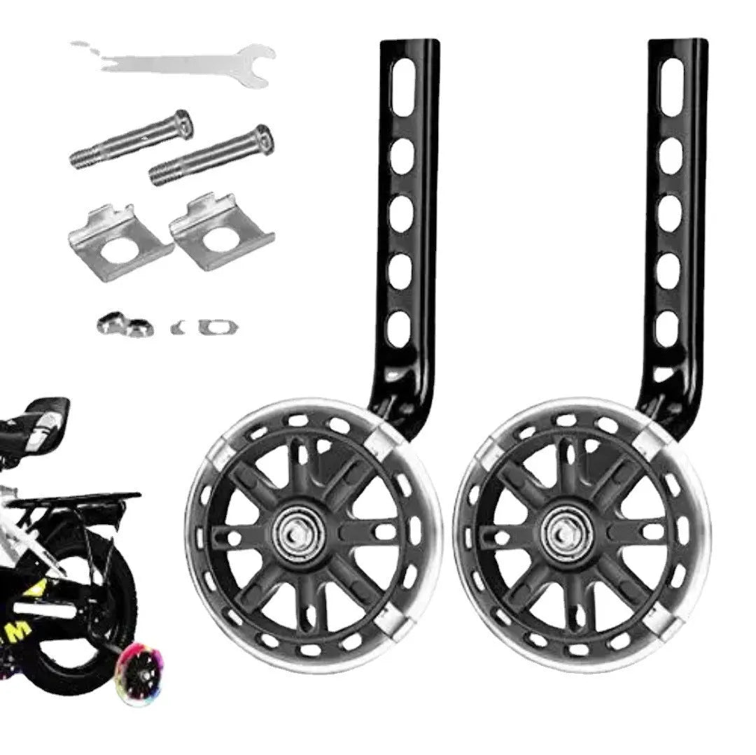 Set of children's bicycle training wheels with vertical brackets, available in multiple colours.