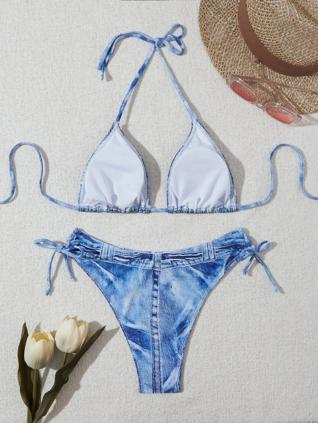 Women's denim print bikini set with adjustable straps in denim blue colour