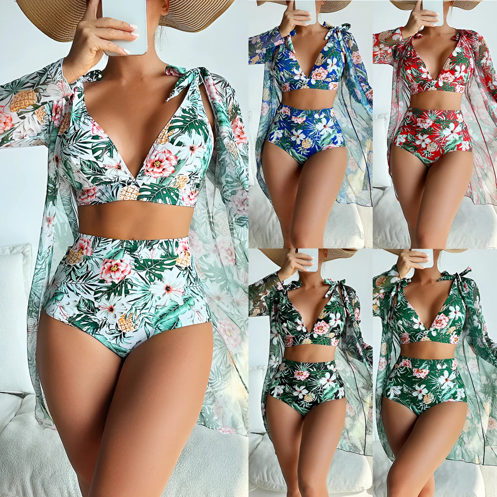 Women's multicolour printed bikini three-piece swimsuit set with bra, shorts, and sunscreen shirt
