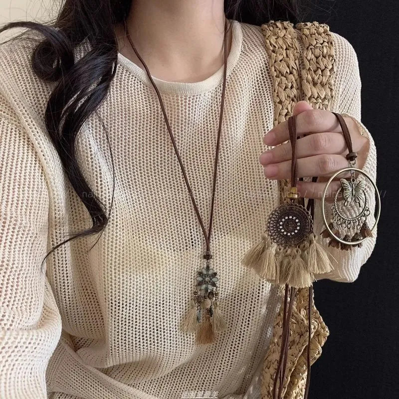Retro ethnic style tassel long pendant necklace with geometric copper alloy and acrylic pendant for women