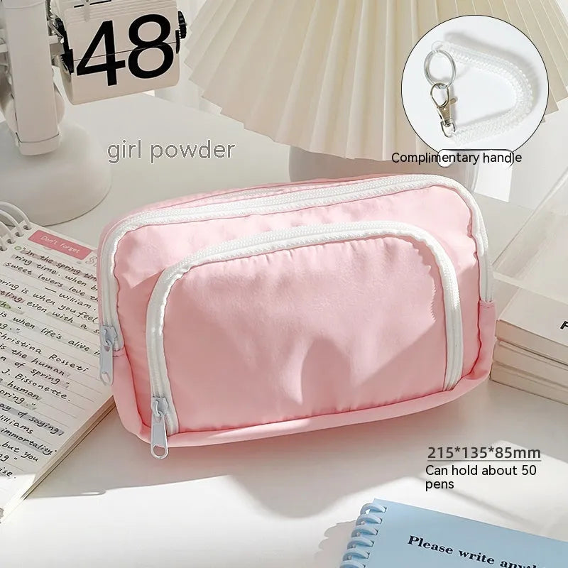 Double layer pencil case in blue, cream, green, or pink with gift handle for exam stationery storage