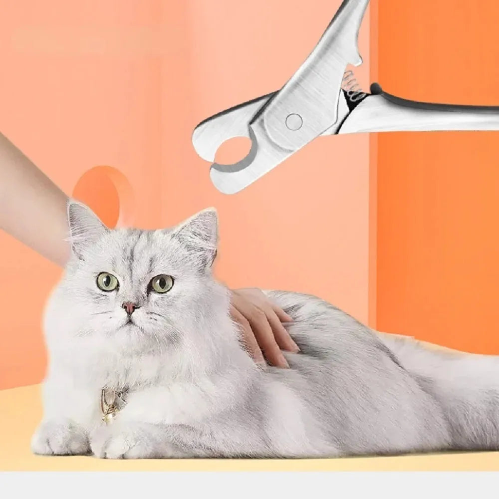 Silver stainless steel professional pet nail clipper with finger grip handle for dogs and cats.