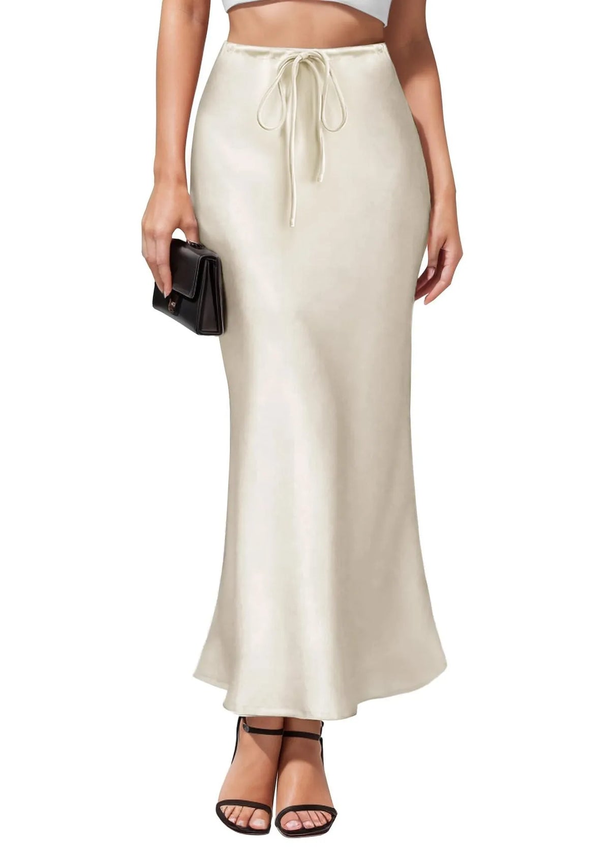 Asymmetric high-waist acetate satin skirt with irregular stitching in milky white