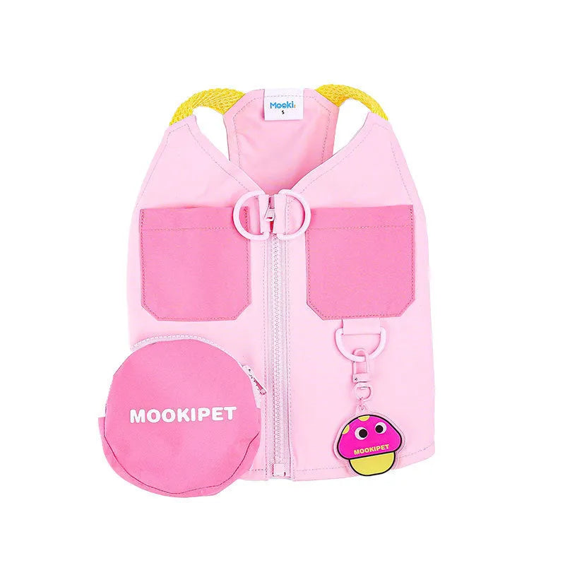 Pink polyester pet vest dog jacket shown on small breed dog