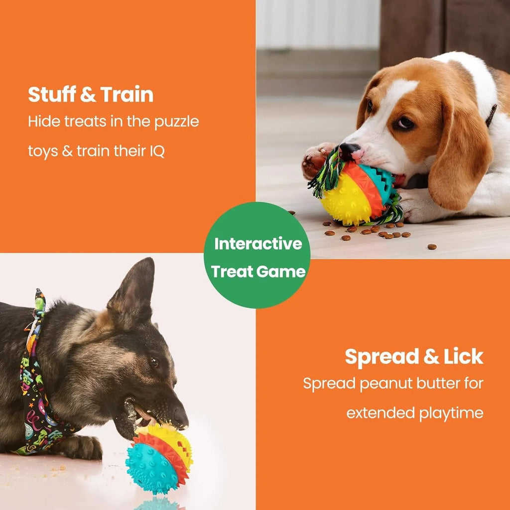 Blue and red TPR rubber squeaky dog ball with treat hole and dental bumps.