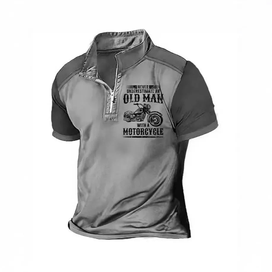 Men's casual short-sleeve polo shirt with lapel collar and digital letter print design.