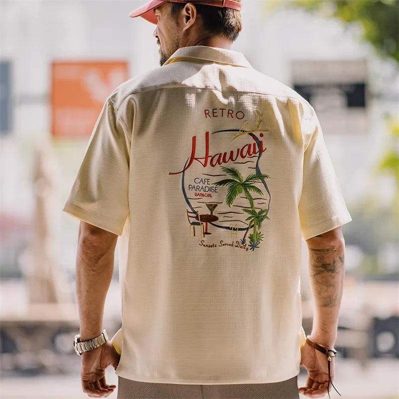 Men's light apricot Cuban collar shirt with bamboo and floral plant pattern