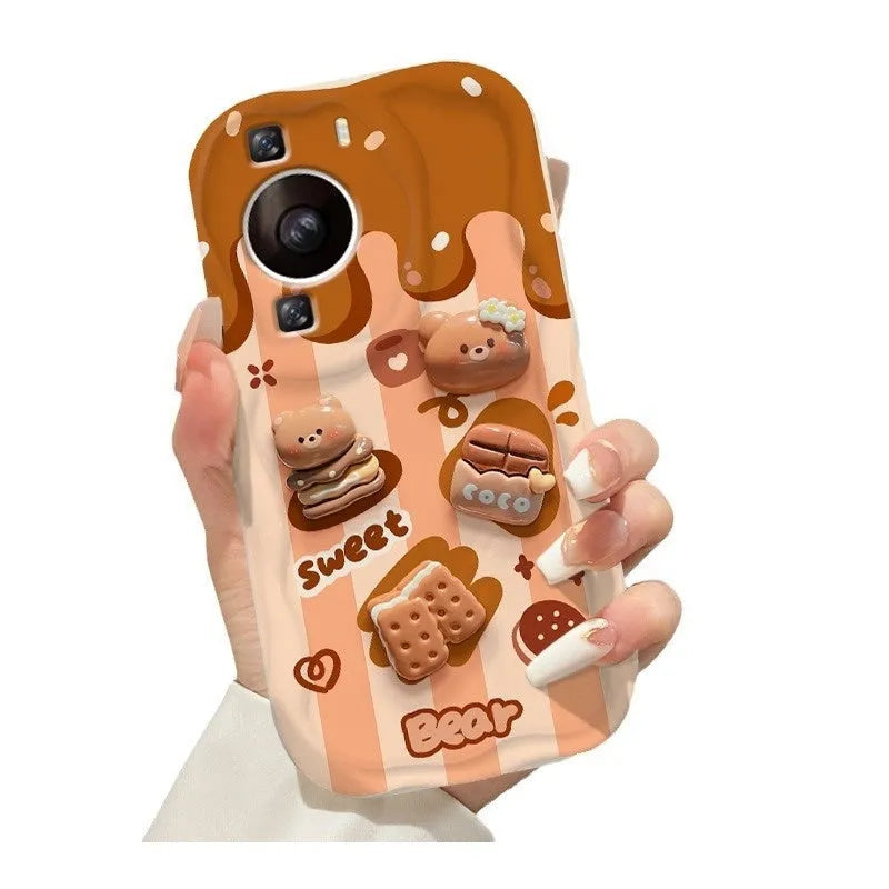 White silicone phone case with chocolate bear doll lanyard for iPhone 15 Pro