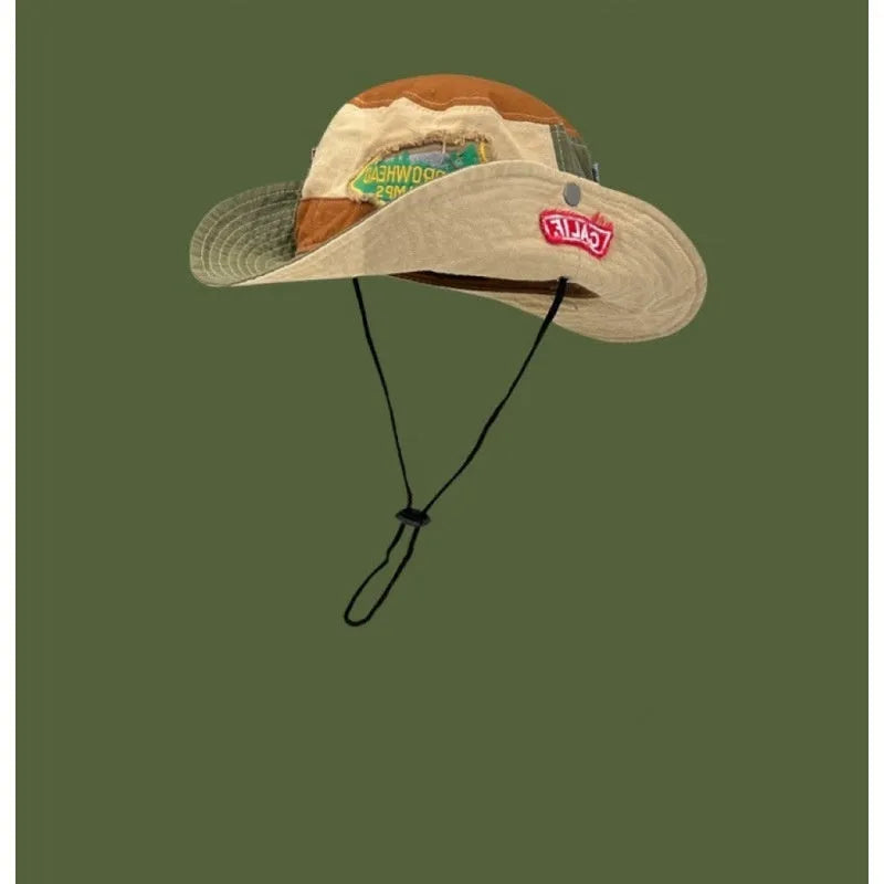 Army green cotton women's fisherman hat with flat top crown and hand-painted patchwork design