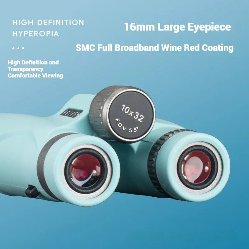Blue 10x32 binoculars with wine red film lenses showing compact plastic housing