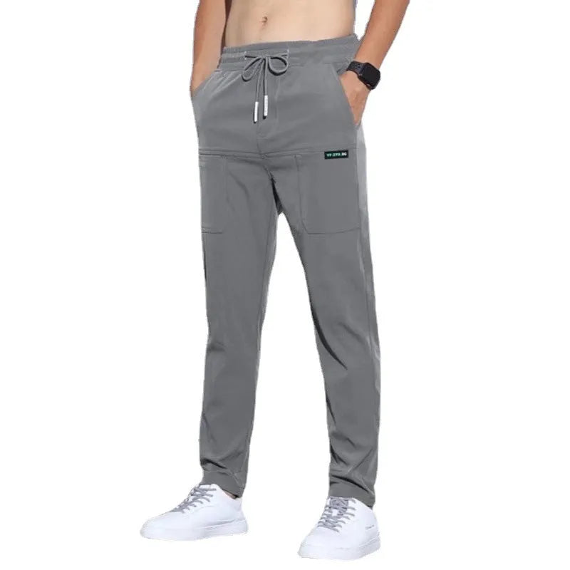 Men's ice silk straight leg high waist trousers in black, dark grey, or light grey, sizes M to 5XL.