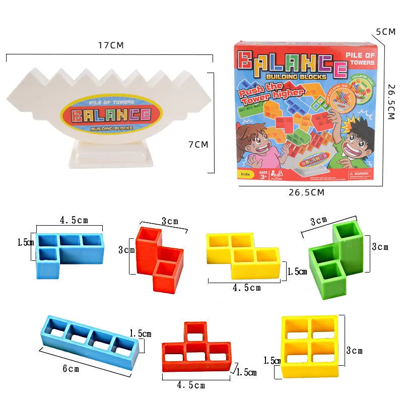 Plastic balance stacking tower game with coloured blocks on a base for kids and adults