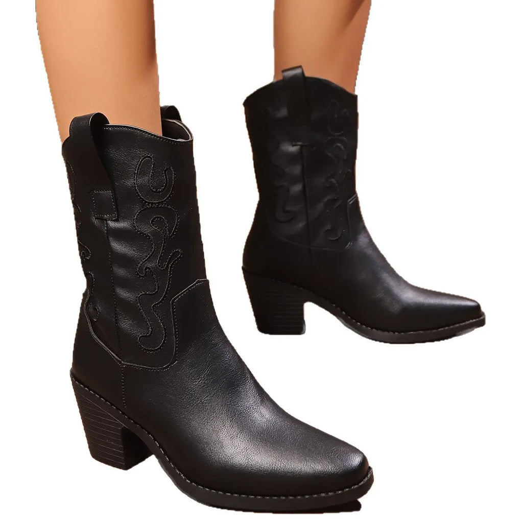 British style chunky heel mid-calf pointed toe plus size ankle boots in black and brown, PU upper, block heel