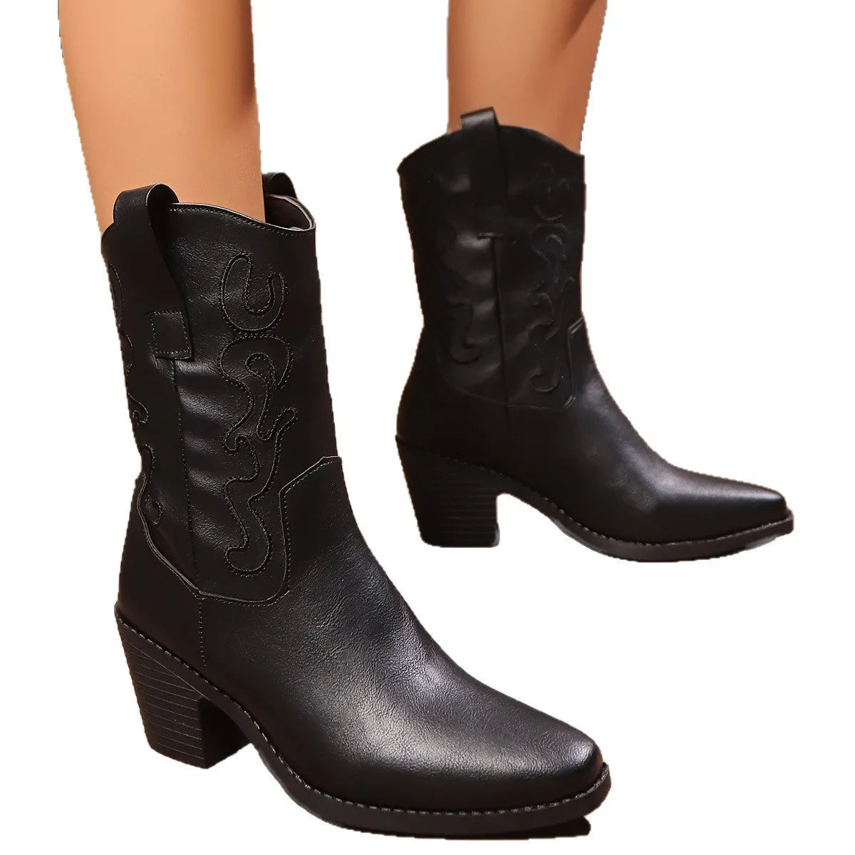 British style chunky heel mid-calf pointed toe plus size ankle boots in black and brown, PU upper, block heel