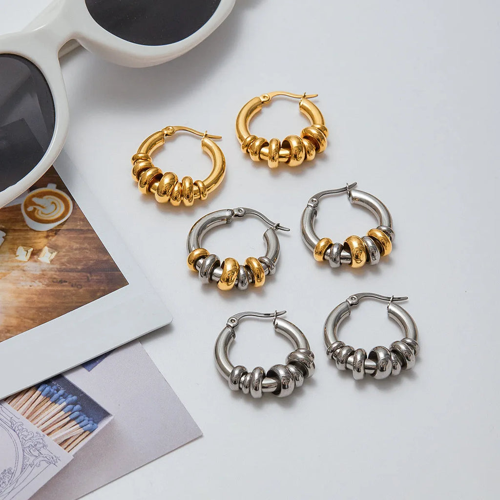 Women's stainless steel geometric ring earrings in electroplated gold finish