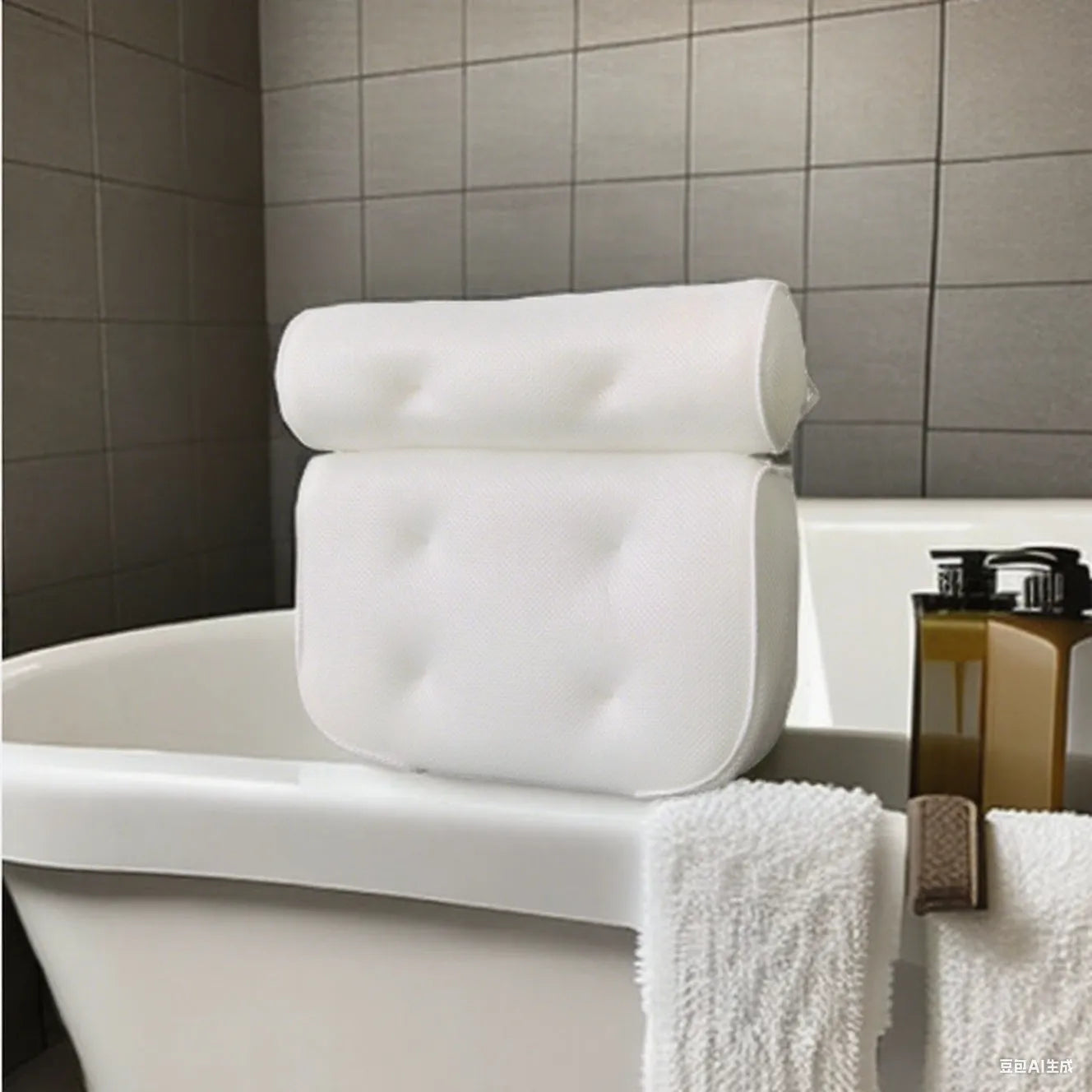 White bathtub pillow with 4D mesh design and 7 suction cups on 3D breathable material.