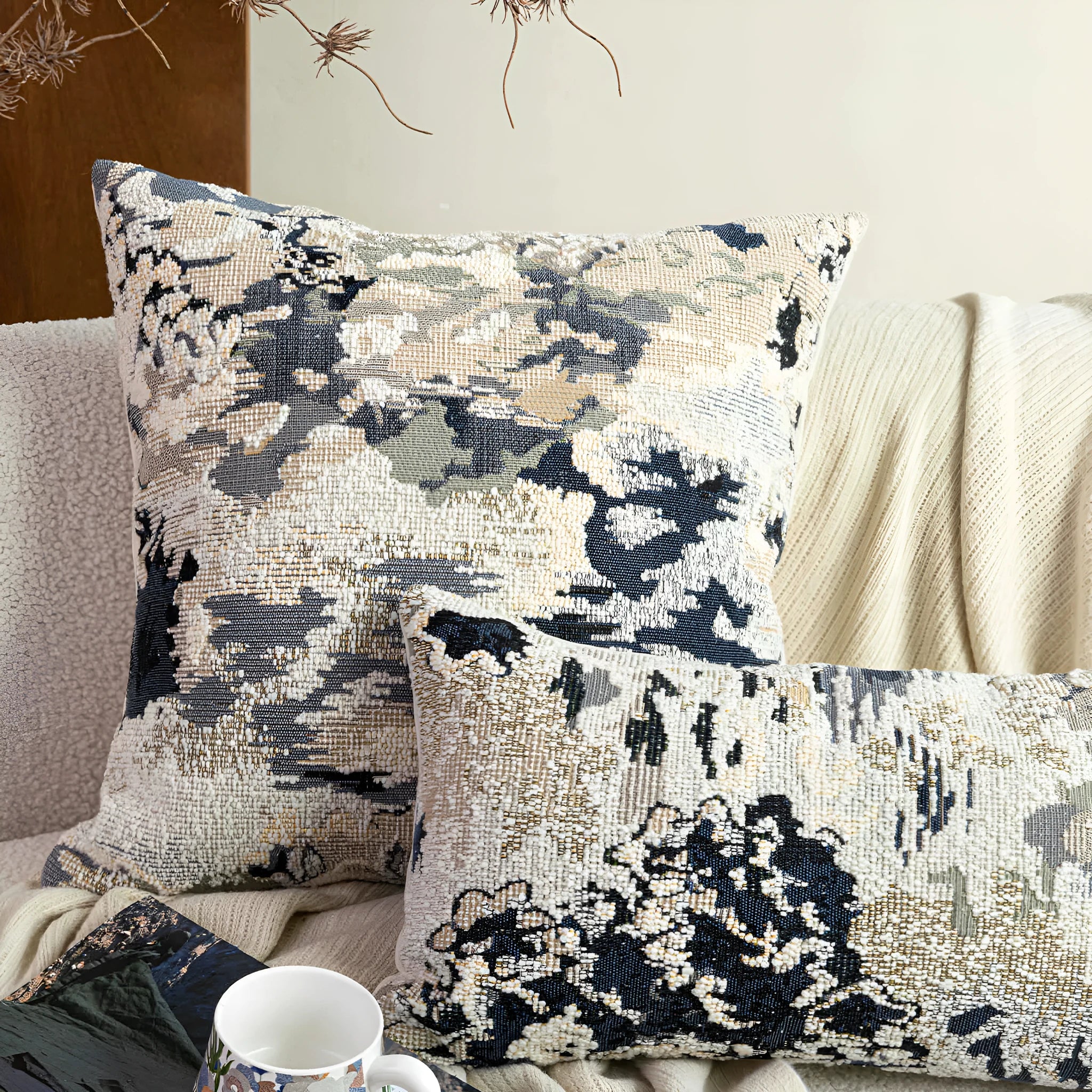 Antique blue Chinese style floral pattern cushion on a sofa