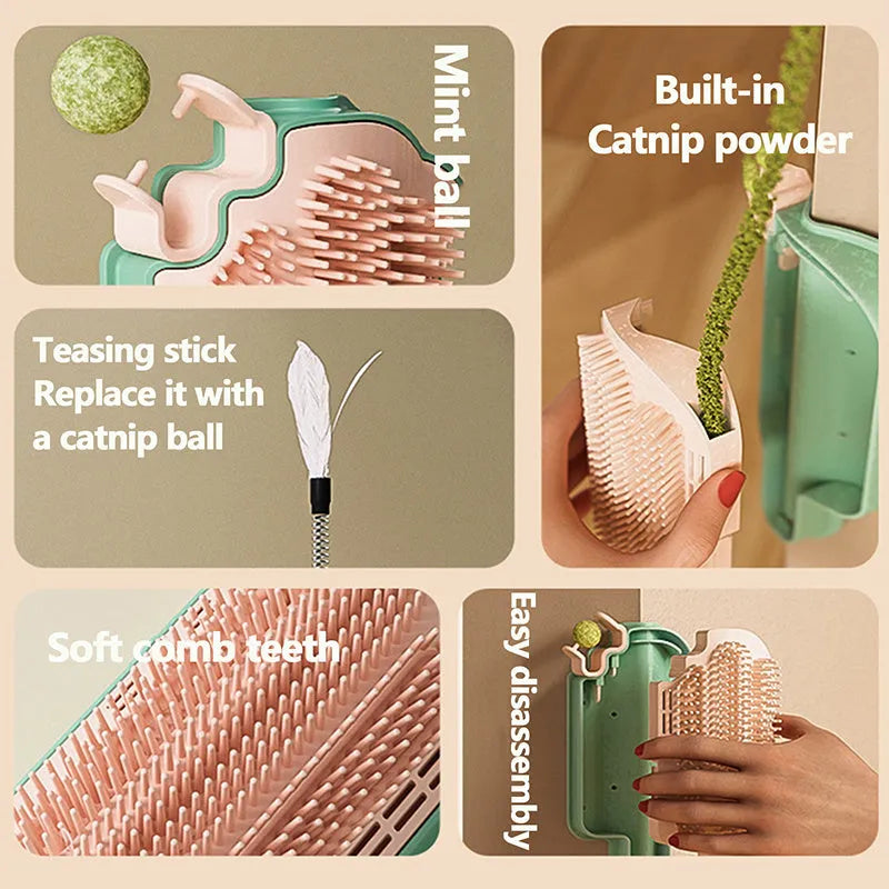 Ice cream cone shaped cat grooming toy with rubbing corner, mint ball and feather attachments
