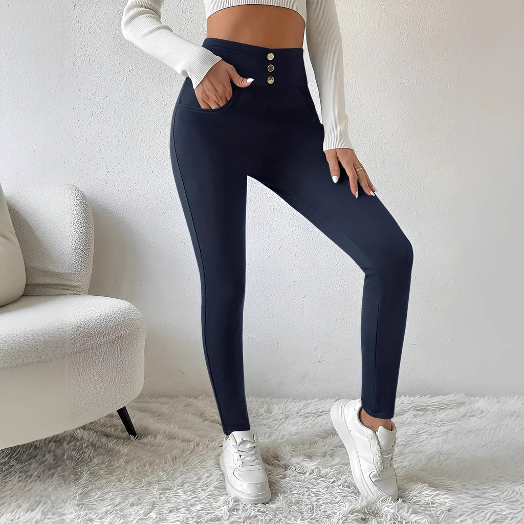 Women's navy blue high waist slim trousers with straight leg design