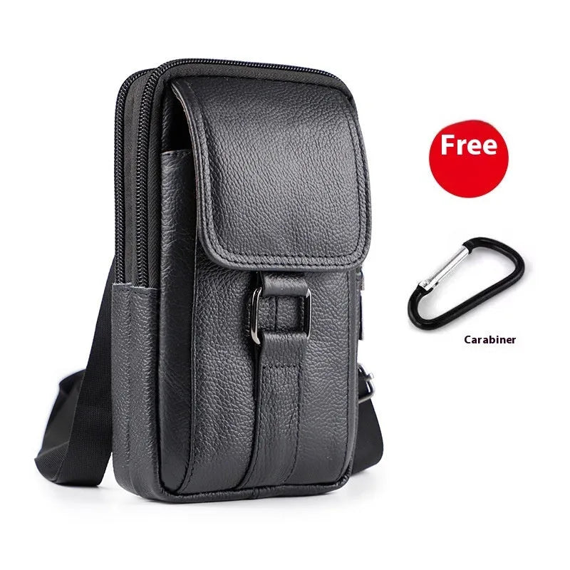 Men's black genuine leather crossbody waist bag with metal lock and coin pocket