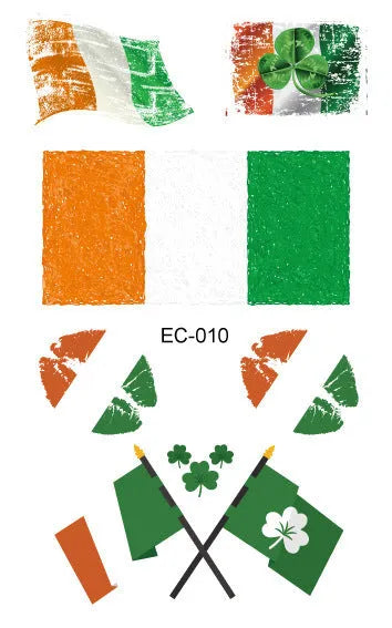 Temporary tattoo stickers with Irish festival flag designs for children, sized 120x75mm with St. Patrick's Day clover motif