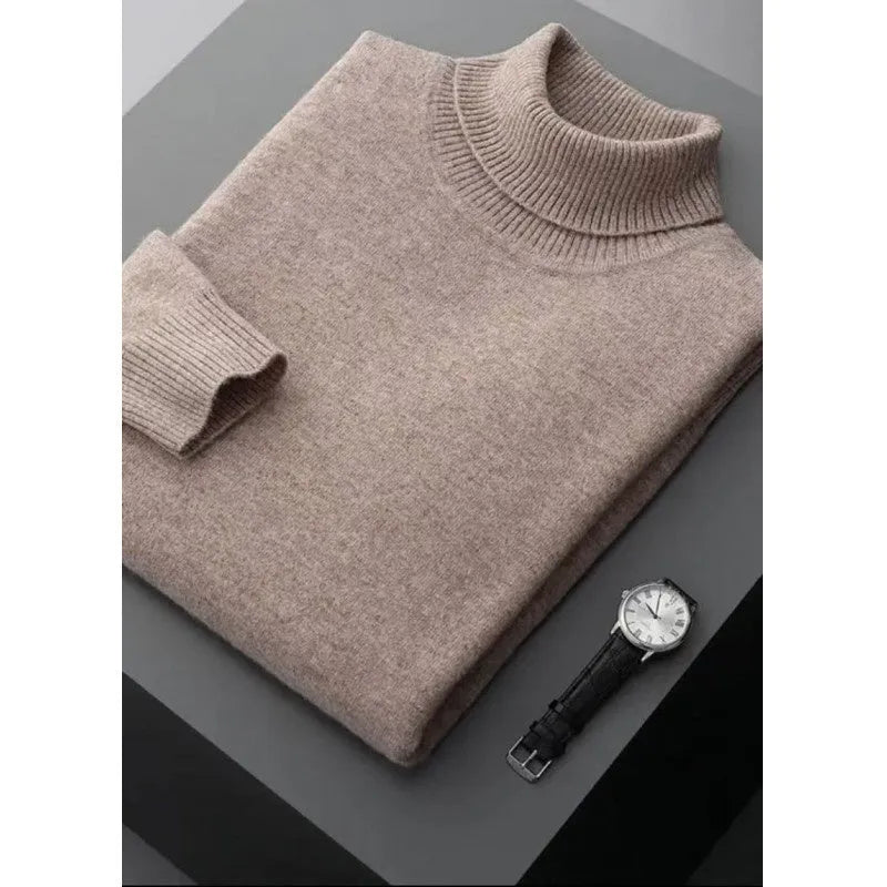 High lapel solid colour casual pullover sweater in beige with long sleeves and loose fit.