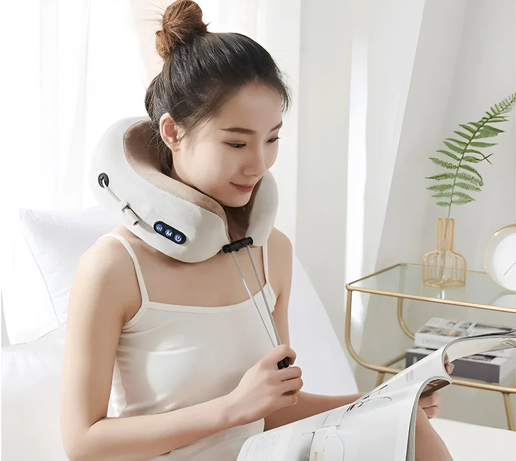 Brown U-shaped electric neck massage pillow with heating function and four massage heads