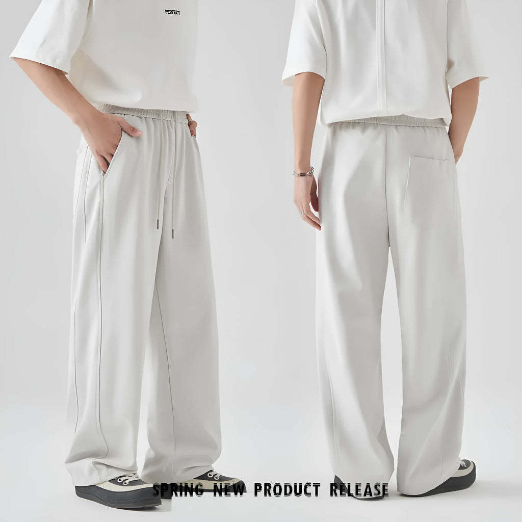 Men's summer casual trousers in black, high-waist straight-leg lace-up cut, cotton-blend fabric