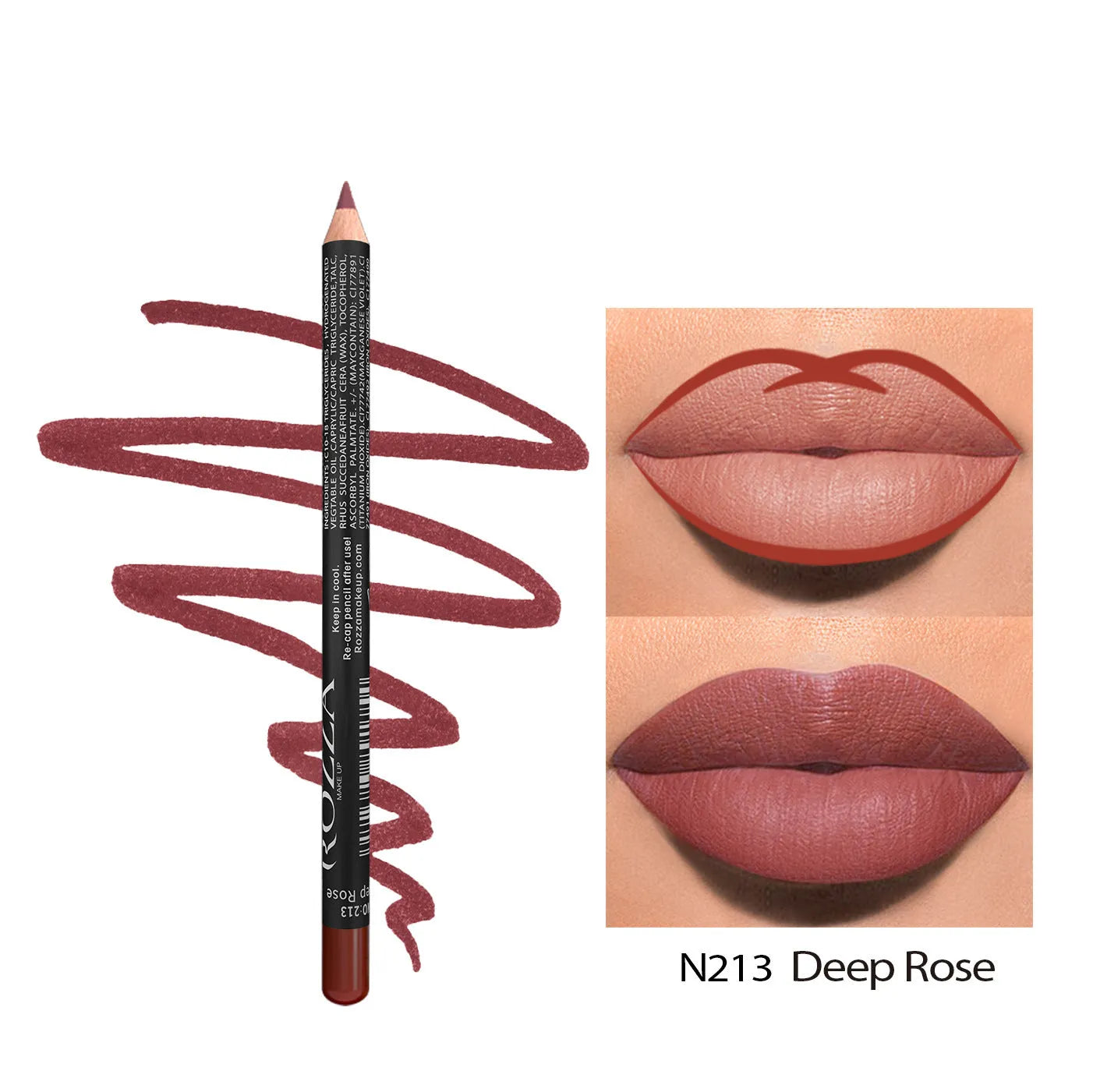 Wooden casing lip liner pencil shown in one of 14 shades with matte, long-lasting finish.