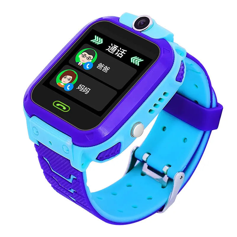 Blue waterproof children's smartwatch with colour touch screen on a silicone strap.