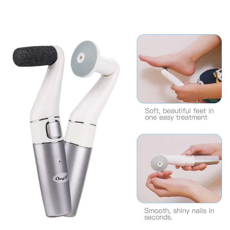 USB rechargeable electric foot file with three replacement rollers for callus and nail care, silver white ABS body on a clean surface