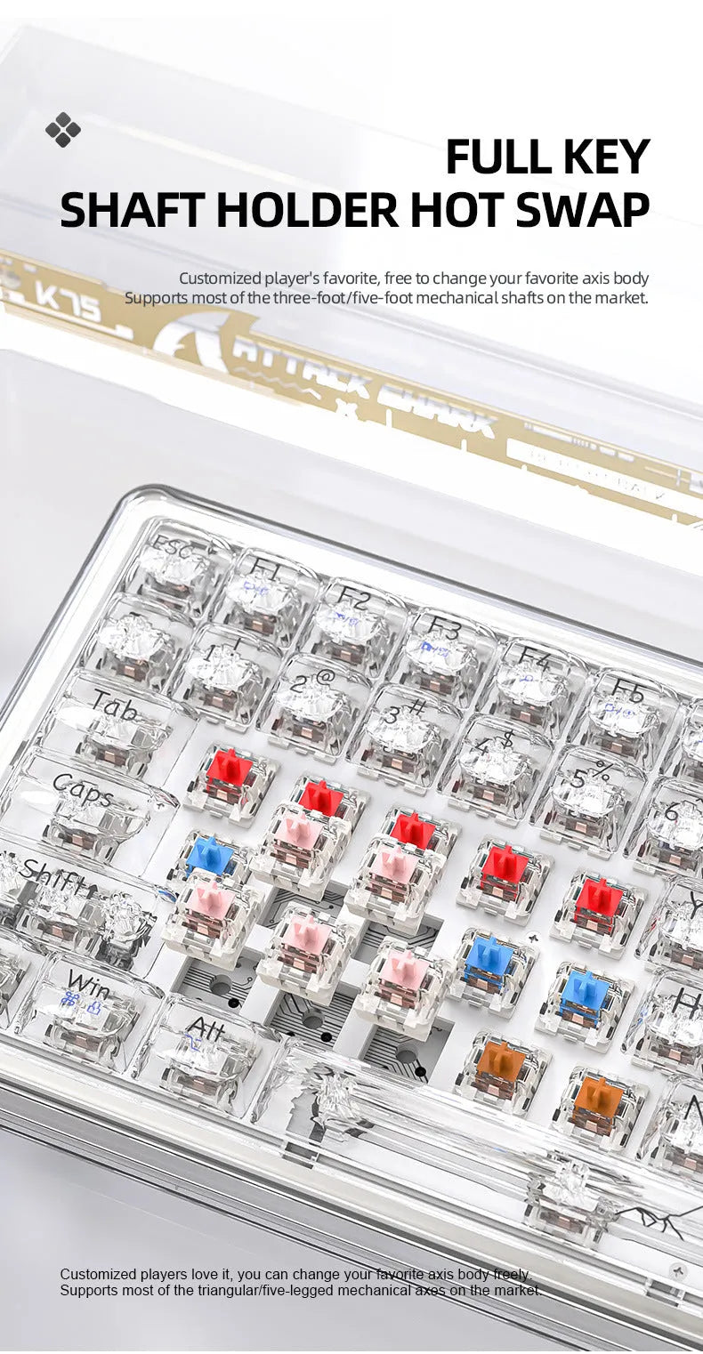 Attack Shark K75RGB white transparent wireless mechanical keyboard with RGB lighting on a desk