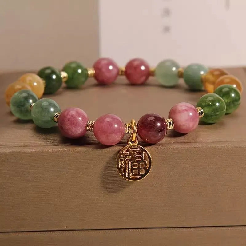 Natural tourmaline flower bracelet with geometric shapes and electroplated metal components