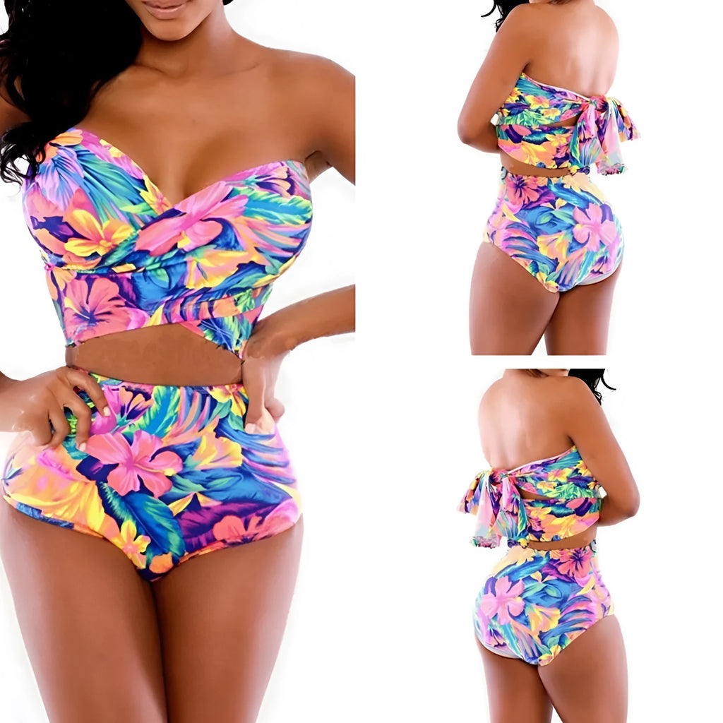 Red printed two-piece swimsuit with chest wrap design on white background