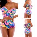 Red printed two-piece swimsuit with chest wrap design on white background