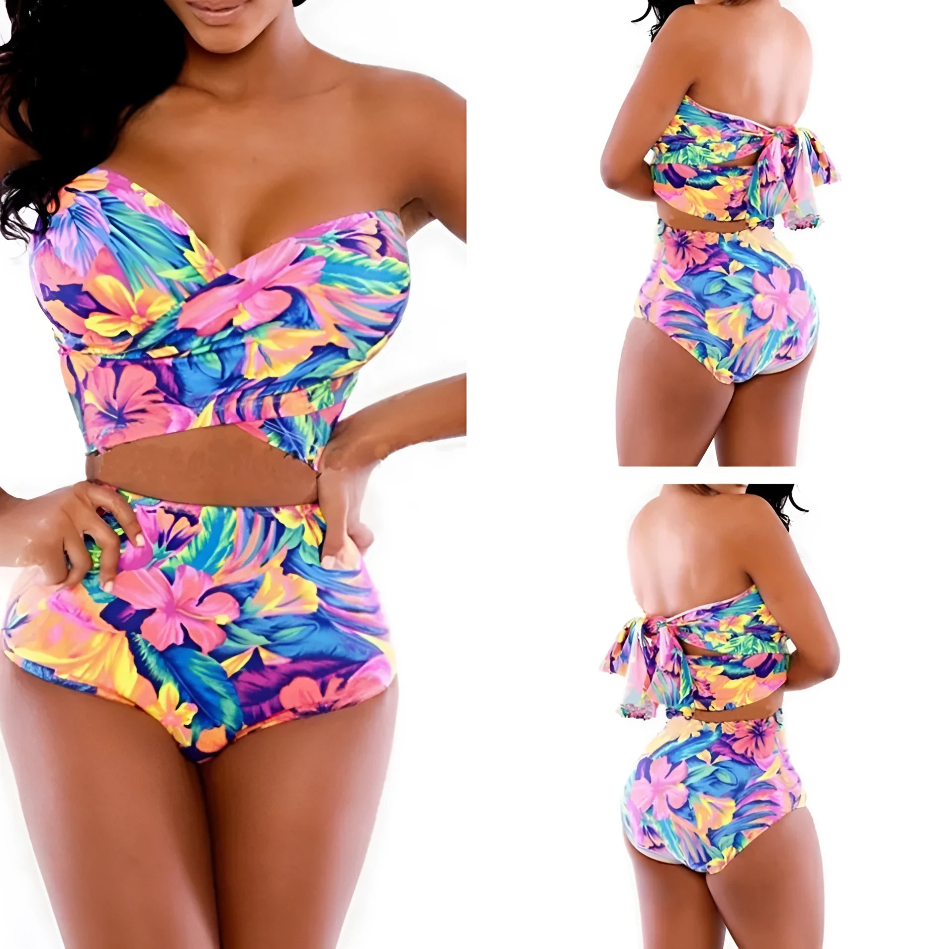 Red printed two-piece swimsuit with chest wrap design on white background