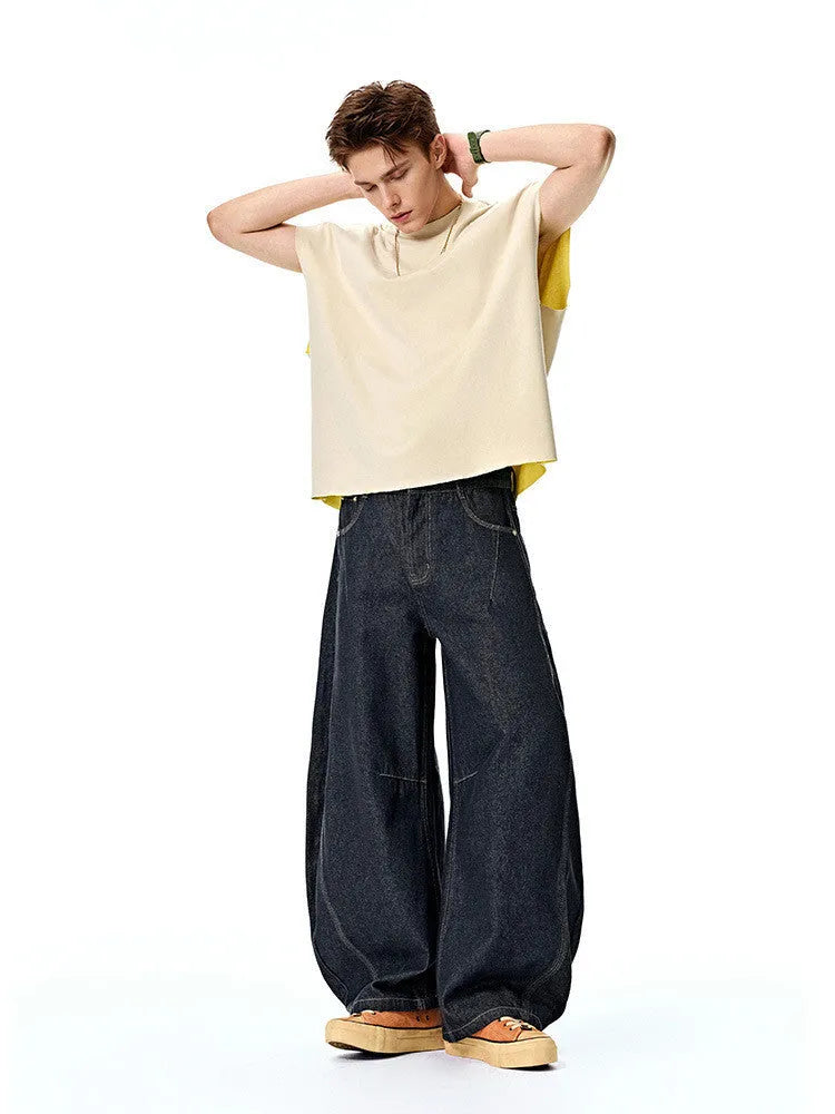 Men's wide leg denim trousers in original cow colour with mid waist construction