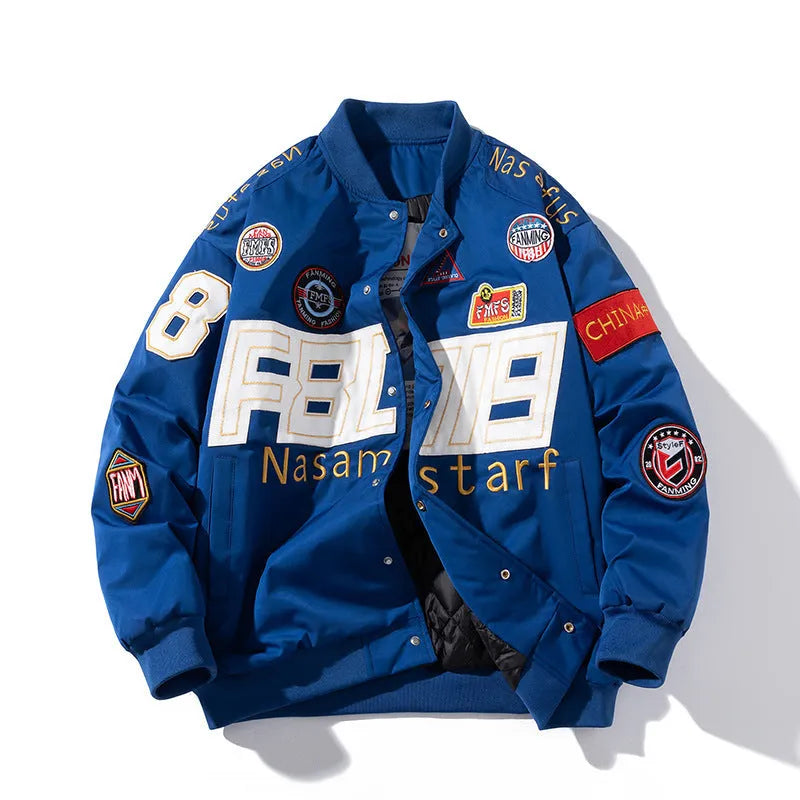 Men's thick motorcycle jacket racing suit with embroidered baseball design in black, blue, and red colours