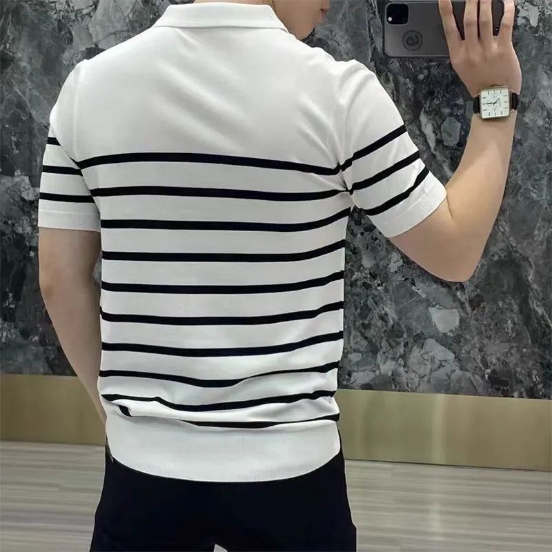 Chemical fibre blend striped lapel knitted T-shirt in black and white colour options