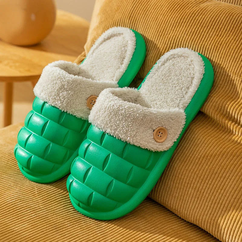 Women's detachable plaid EVA slippers with plush lining in multiple colours.