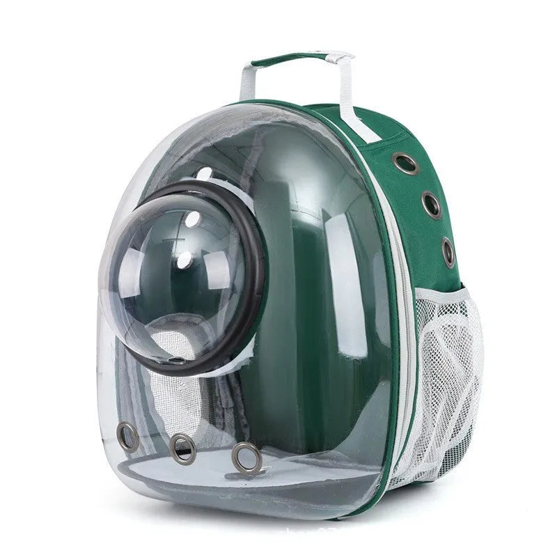 Grey astronaut dome-shaped cat carrier bag with a side opening for pet access.