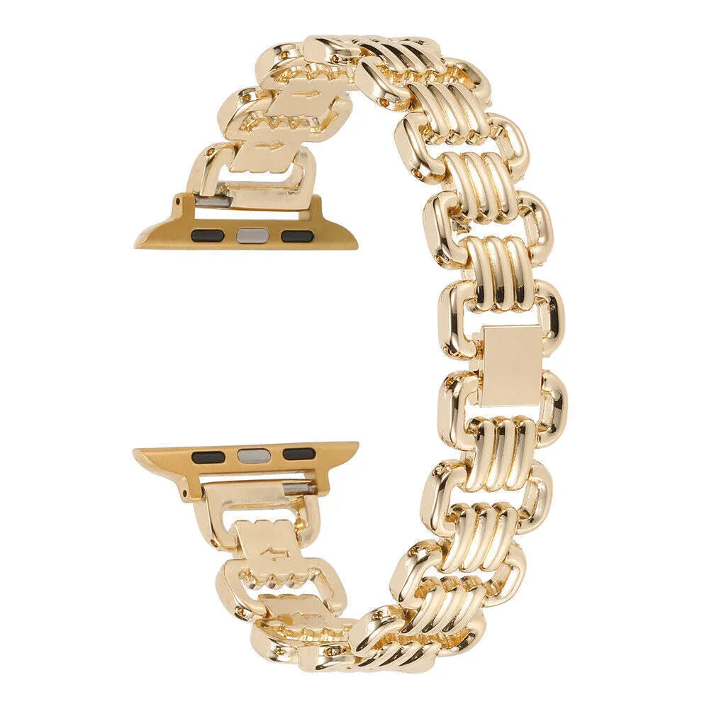 Alloy metal Apple Watch bracelet in silver, black, gold, rose gold and Starlight colours for 38mm to 49mm models.