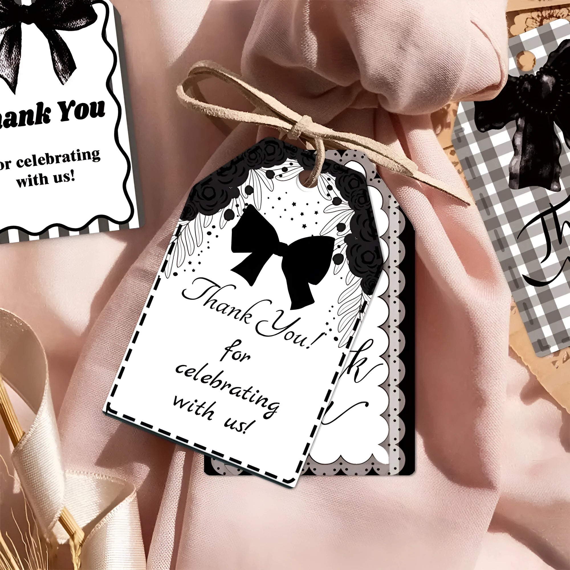 Set of 60 birthday party gift label tags with hemp rope in three bowknot design styles.
