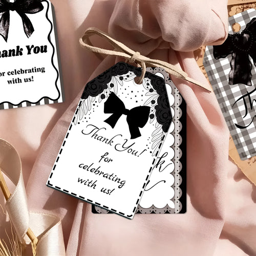 Set of 60 birthday party gift label tags with hemp rope in three bowknot design styles.