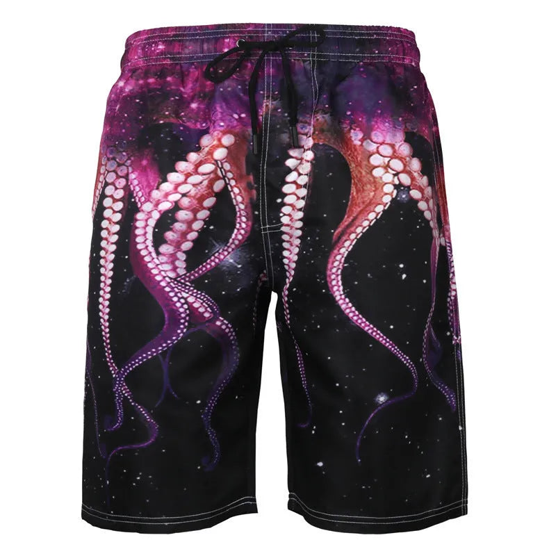 Men's beach shorts with octopus print, straight leg cut, available in plus sizes S to 4XL