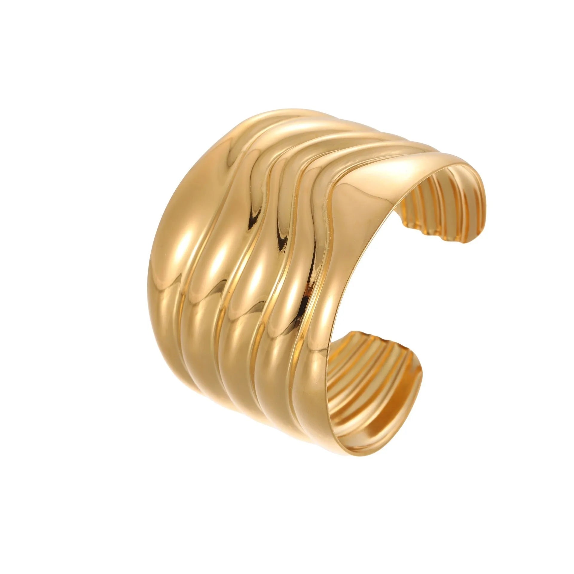 Women's wide fashion bracelet with geometric wave design in gold plating on stainless steel