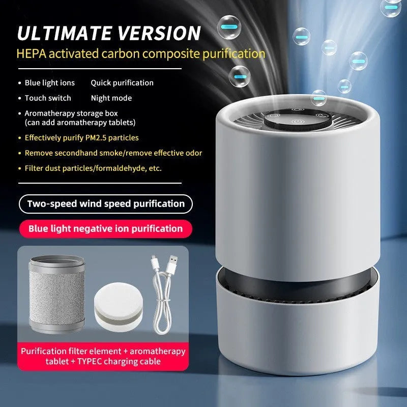White desktop air purifier with USB cable on a wooden desk