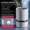 White desktop air purifier with USB cable on a wooden desk
