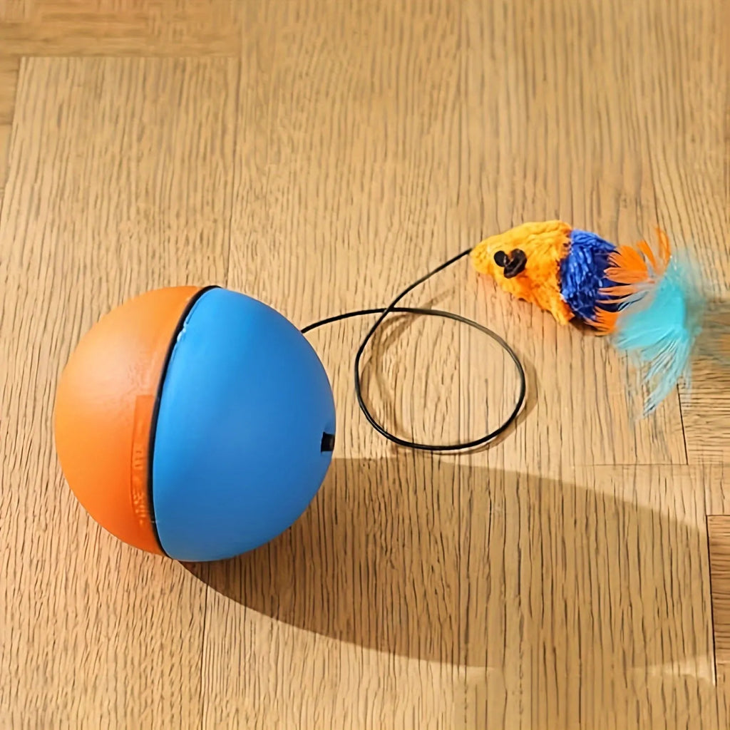 Interactive cat toy ball with attached plush mouse in blue and orange colour options